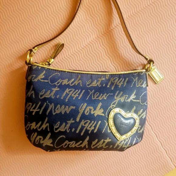 COACH Poppy Blue Gold New York Script Signature Heart Poppy Crossbody - Picture 2 of 14